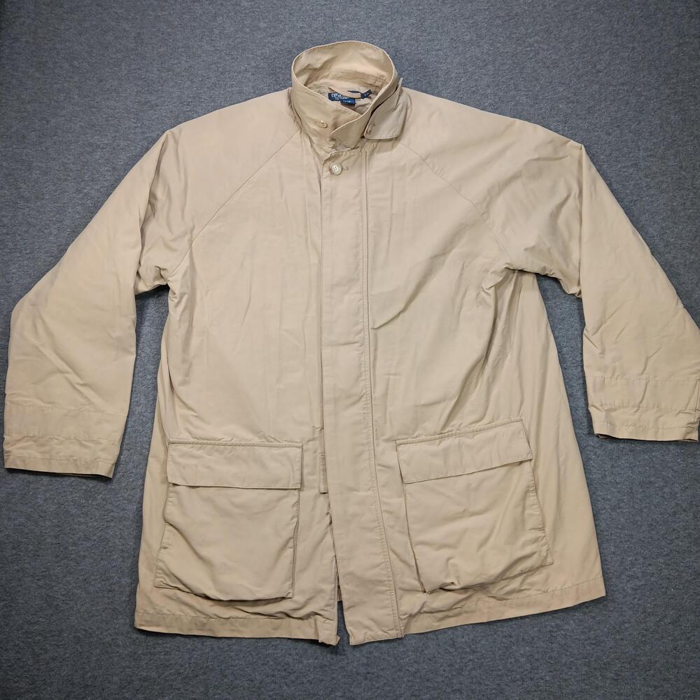 Polo Ralph Lauren Rain Coat Mens Large Beige Full Zip Lined Cotton Trench Jacket